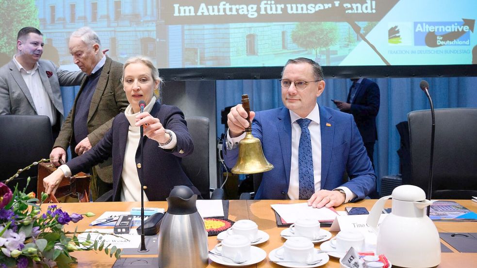 Die Fraktionschefs Alice Weidel und Tino Chrupalla eröffnen die erste AfD-Fraktionssitzung nach der Bundestagswahl. Foto: Bernd von Jutrczenka/dpa