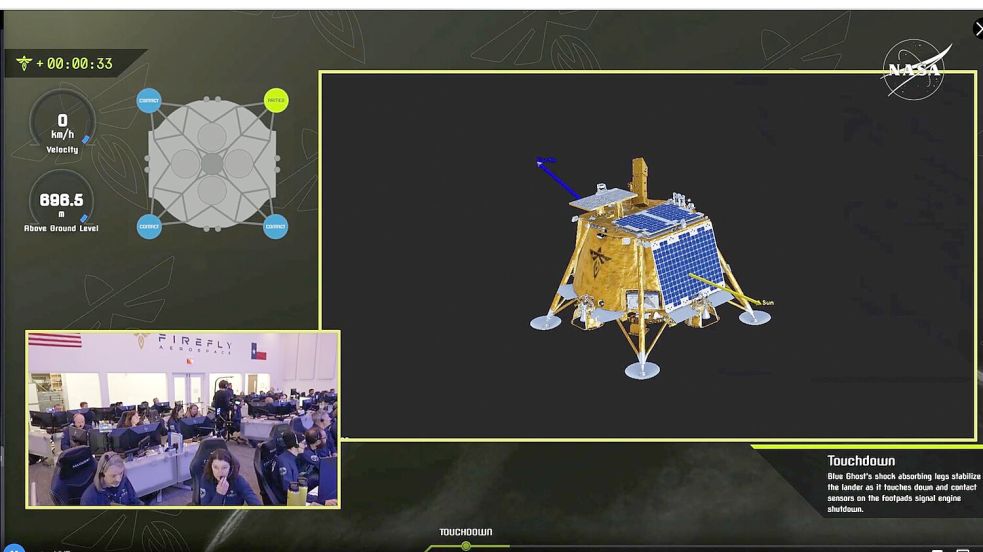 Im Livestream der US-Raumfahrtbehörde Nasa konnte man die Landung live mitverfolgen. Foto: Uncredited/NASA/Firefly Aerospace/AP/dpa